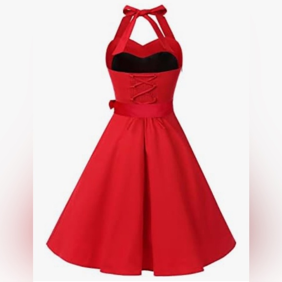 Red Halter A-Line Pleated Dress - Picture 4 of 6